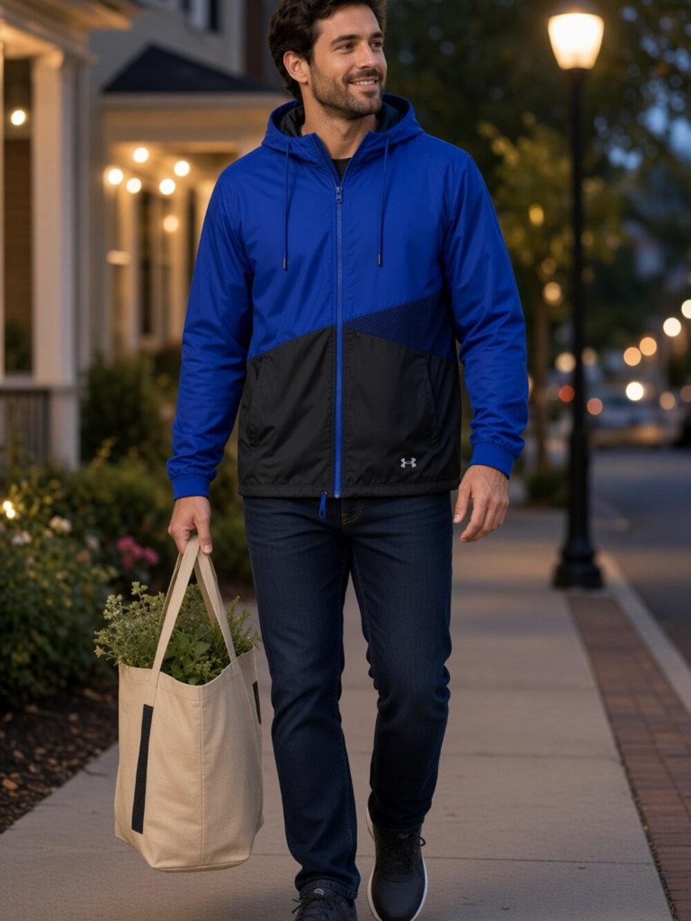Under Armour Men Black Blue Lightweight Sports Windbreaker Jacket Rip-stop Small